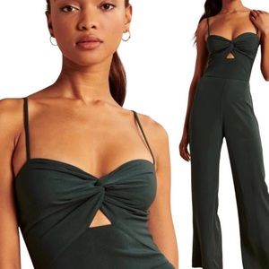 Abercrombie & Fitch Womens Twist Front Cutout Jumpsuit in Hunter Green.